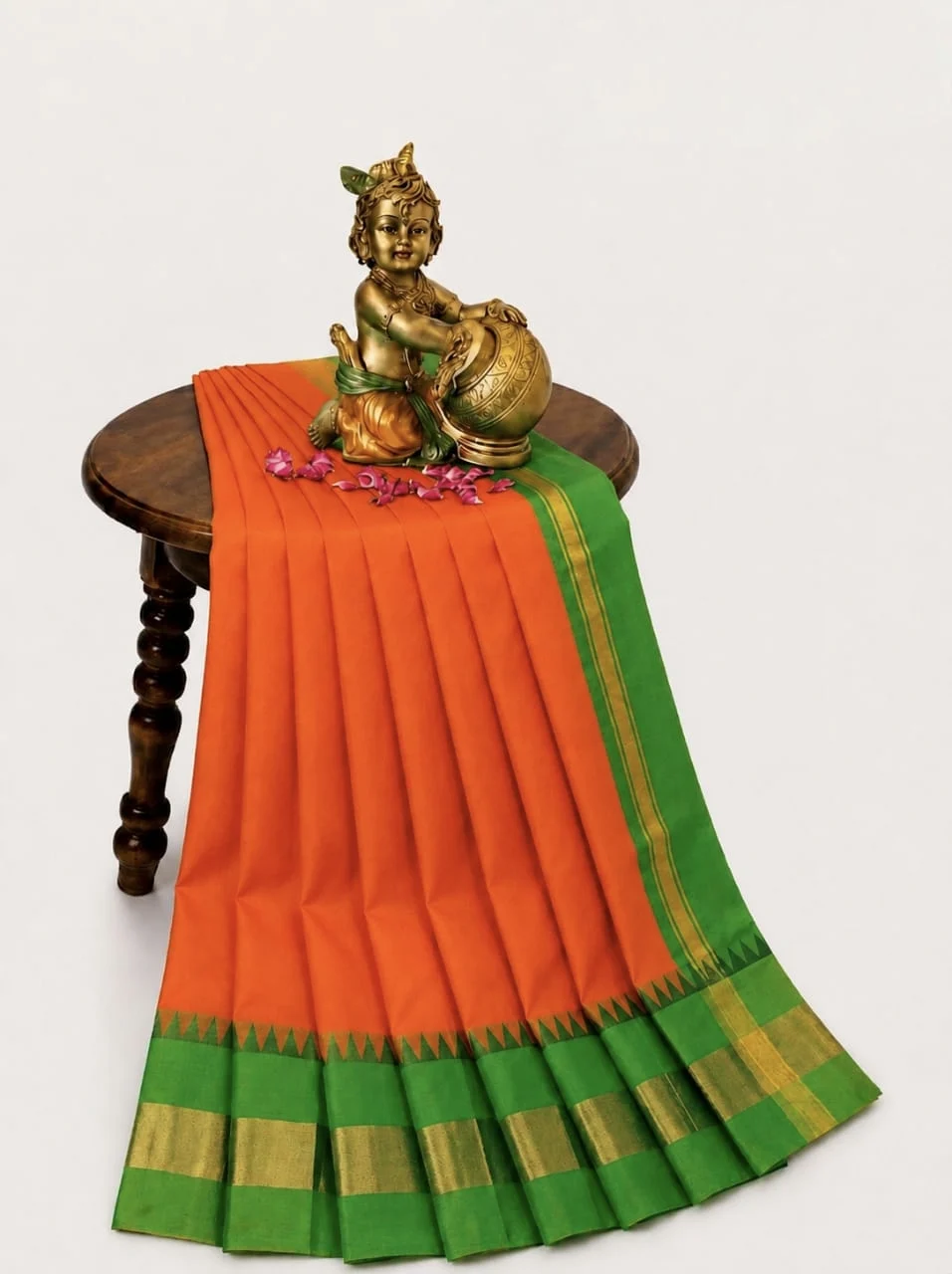 Lime Green with Maroon Gold Border Korvai Cotton Saree